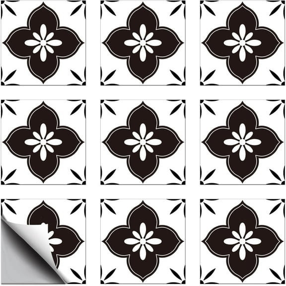 18pcs Spanish Style Geometric Flowers Tile Stickers Waterproof Tile Stickers Black Self Adhesive Peel and Stick for Kitchen Bathroom Bedroom Wall Floor Decoration Floral 6X 6inch Mixed Color