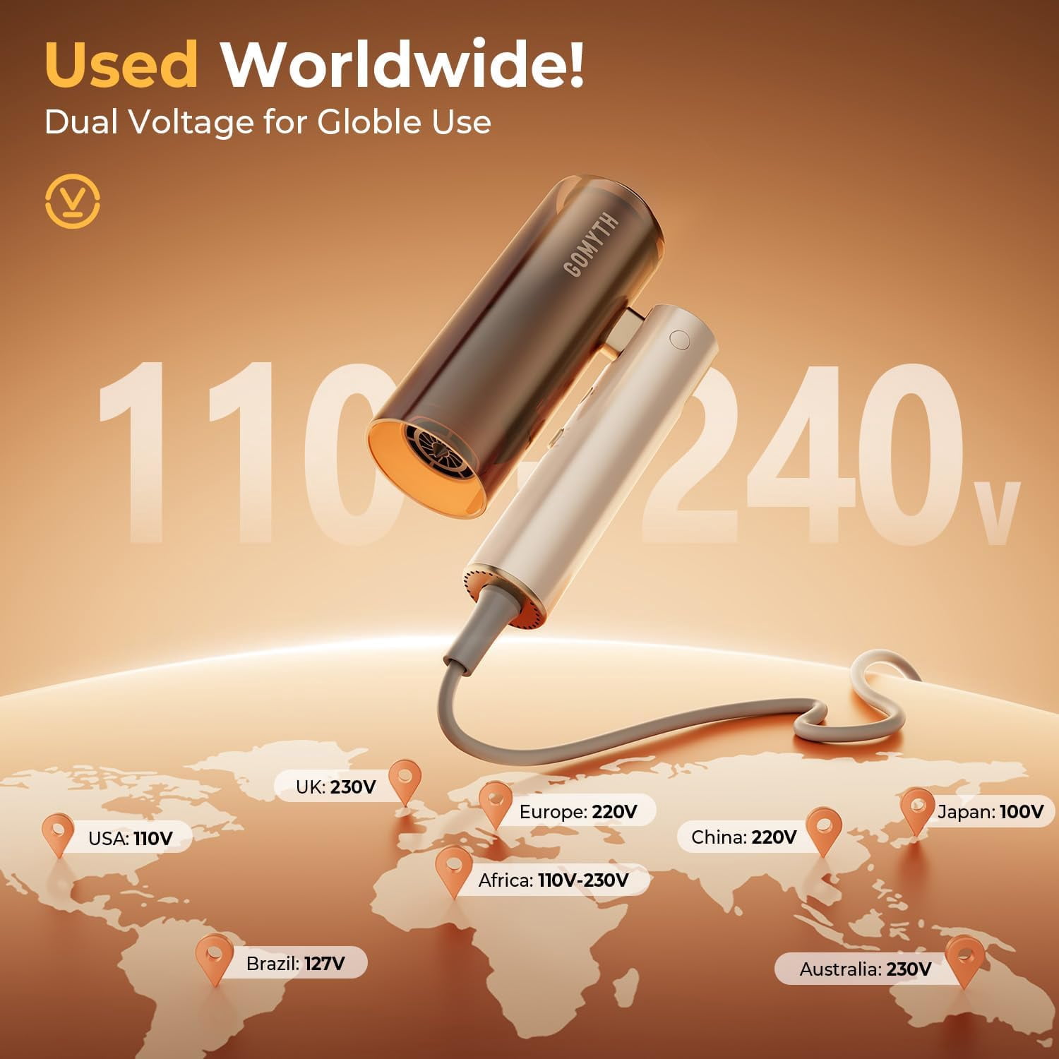 GOMYTH Dual Voltage Hair Dryer for Travel,5 in 1 Hot Air Styler Wrap with Auto Curlers, Fast Drying, Straightening and Volumizing,110,000 RPM,Includes Travel Bag