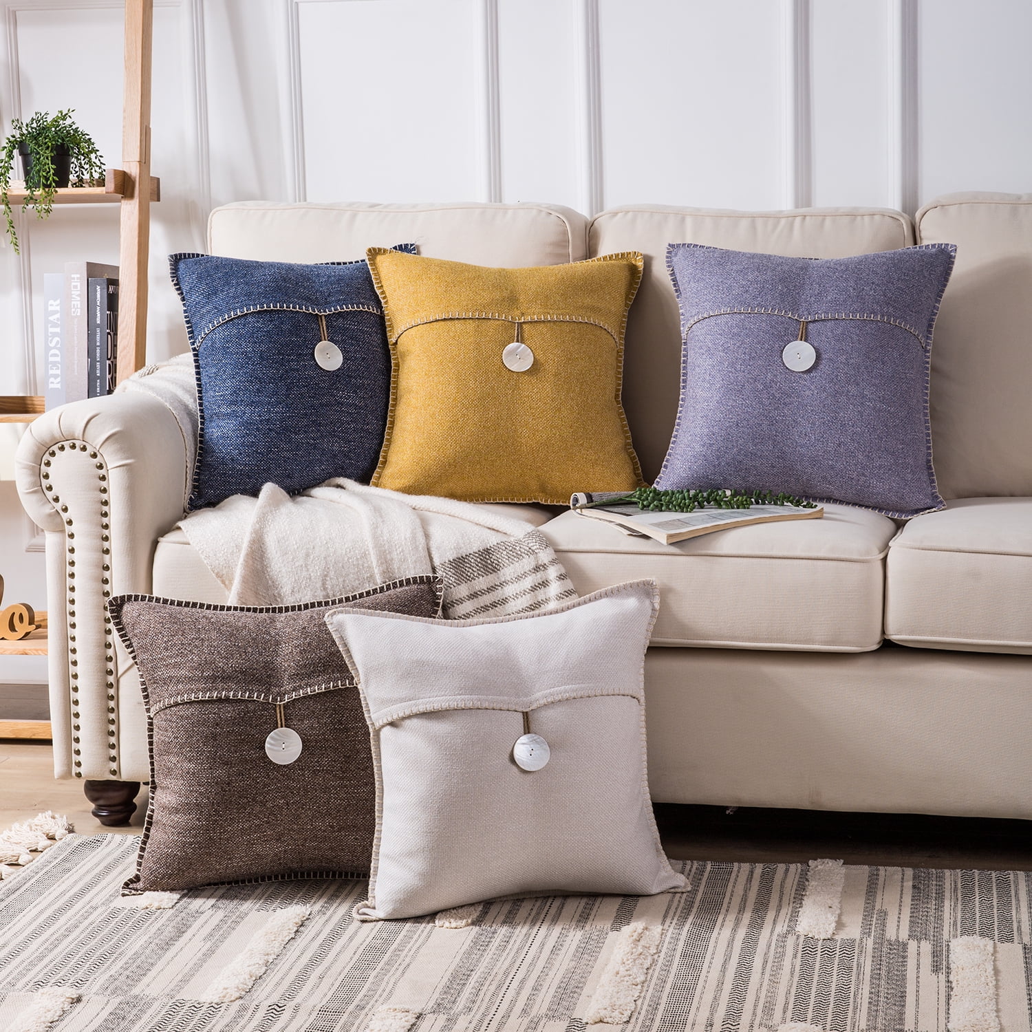 Phantoscope Decorative Throw Pillow Set, Soft Corduroy Striped Velvet & Farmhouse Button Series Bundle, for Sofa Couch Bedroom, Off White & Wine Red, 18" x 18"