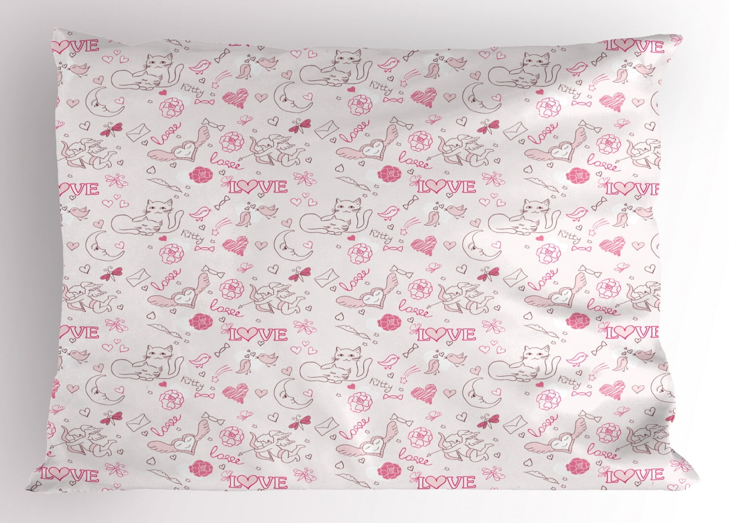 Love Pillow Sham Hand Drawn Style Romantic Icons Kissing Birds Eros Flower Dragonfly Cat
