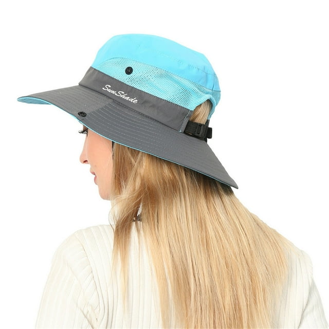 Chapeaux de Soleil à Moins de 10 $ Bleus pour Femmes Protection UV Chapeaux de Soleil Larges Refroidissement Filet Chapeau Trou pour Queue de Cheval Pliable