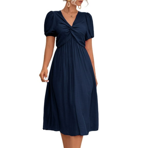 SWSMCLT Women's High Waist Cute Summer Ruched Long Dress V Neck Sundress Short Sleeve Fashion Lantern Sleeve Dresses Navy X-Large