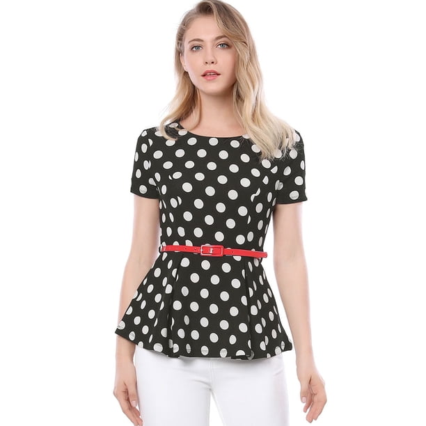 Blusa Peplum de Lunares de Manga Corta para Mujer con Cinturón Negro M Allegra K