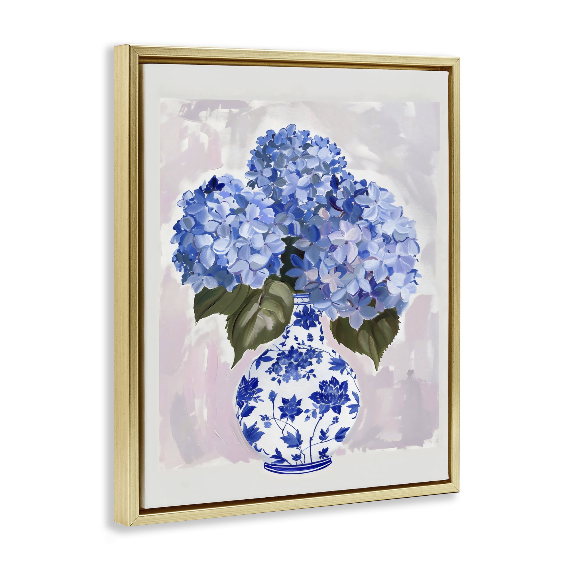 Stupell Industries Blue Hydrangea in Porcelain Vase Gold Framed Floater Canvas Wall Art, design by The Prints Vibe
