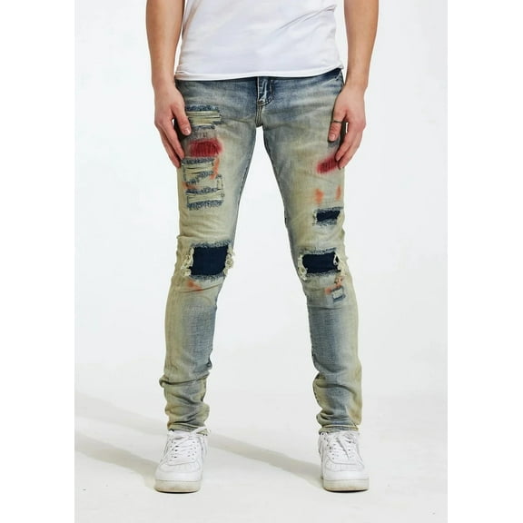 Crysp Denim Men's Rip & Repair Patchwork Distressed Skinny Fit Denim Jeans (30, Blue Stonewashed)