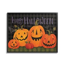 Stupell Industries Halloween Smiling Jack-o-Lanterns Holiday Painting Black Framed Art Print Wall Art, 20 x 16