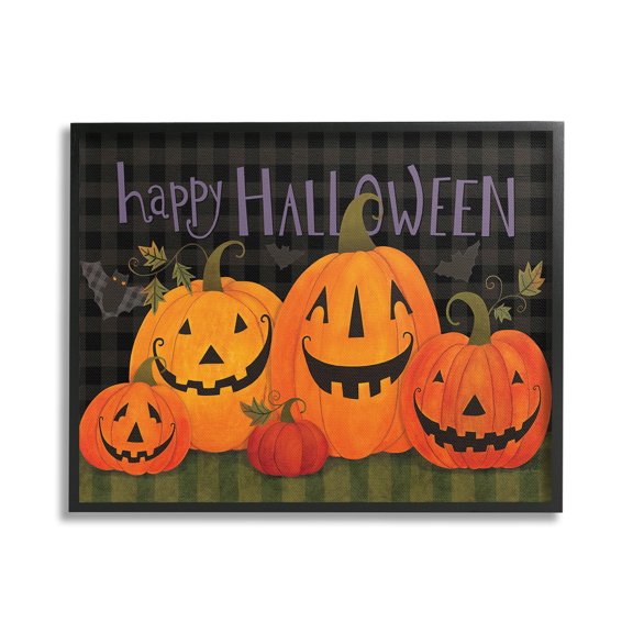 Stupell Industries Halloween Smiling Jack-o-Lanterns Holiday Painting Black Framed Art Print Wall Art, 20 x 16