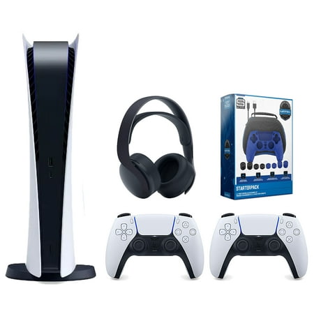 Sony Playstation 5 Digital Edition Console with Extra White Controller, Black PULSE 3D Headset and Surge Pro Gamer Starter Pack 11-Piece Accessory Bundle