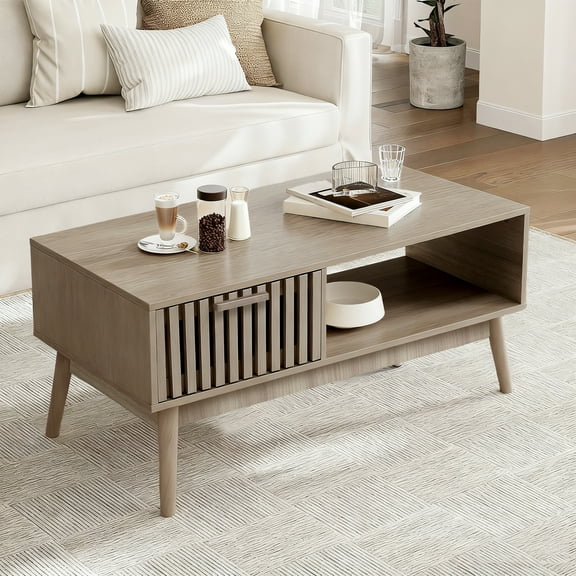 39.4" Mid Century Modern Coffee Table with Storage, 2-Tier Fluted Rectangle Center Table with Drawer, Open Shelf & Wood Legs Living Room Tables