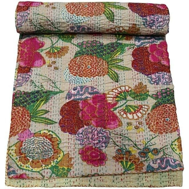 ColorFull House Courtepointe Indienne Imprimé Floral Tissé à la Main, Couvre-Lit, Drap de Lit, Couverture Taille (Simple 60 Pouces x 90 Pouces)