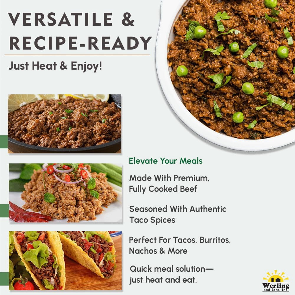 Werling and Sons Taco Beef Filling 14.5 Oz Pack of 6 Fully Cooked Canned Taco Meat Heat and Serve Shelf Stable Emergency Food Supply Survival Camping Prepping Long Shelf Life Made in USA
