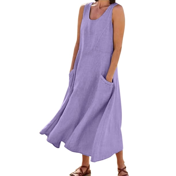 Vestido largo liso con cuello redondo y bolsillos para mujer: corte holgado informal, transpirable, adecuado para la playa, fiestas y el día a día, tallas S-XXL.