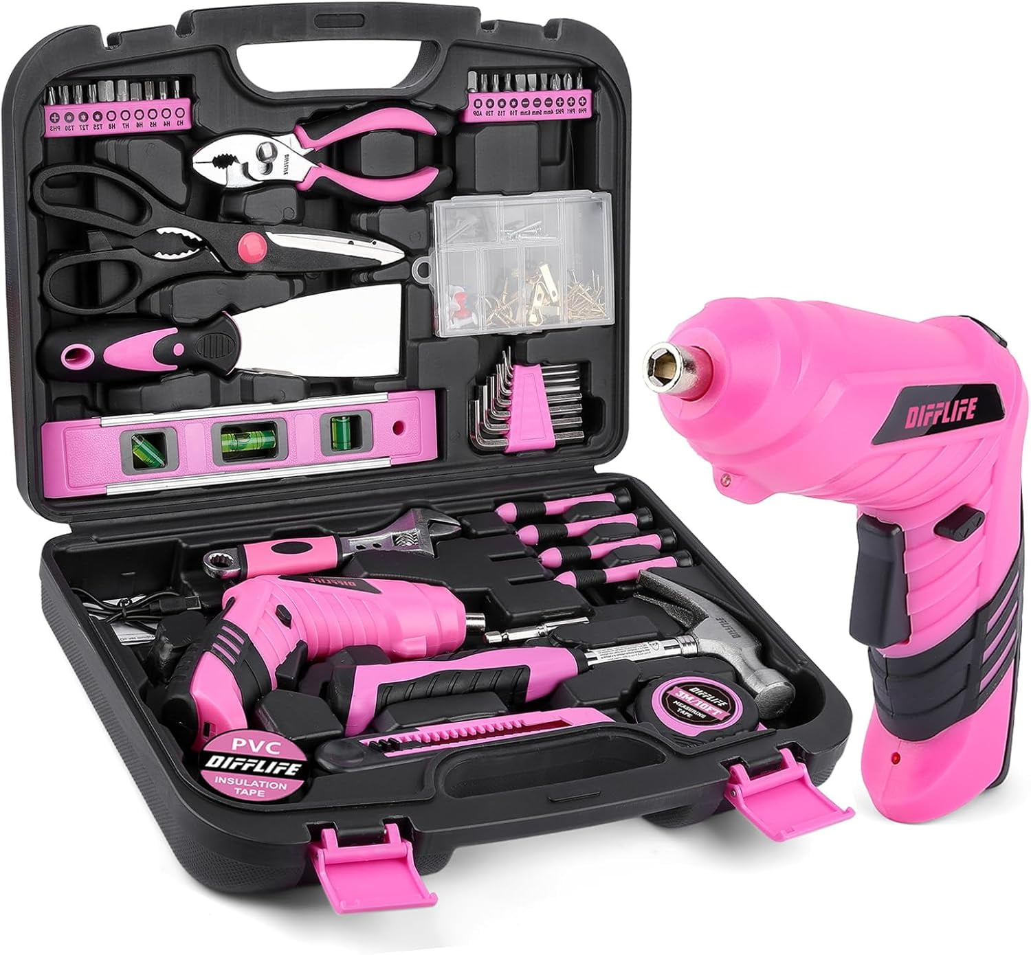 Free Shipping! HiSpec Pink 58pc Cordless Drill Set with 8V USB