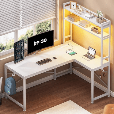 White Corner Desk, Reversible 45.3” Small Computer Desk with Power Outlet and LED Lights, Corner Computer Desk with Hutch, Storage Shelves and Hooks for Small Space