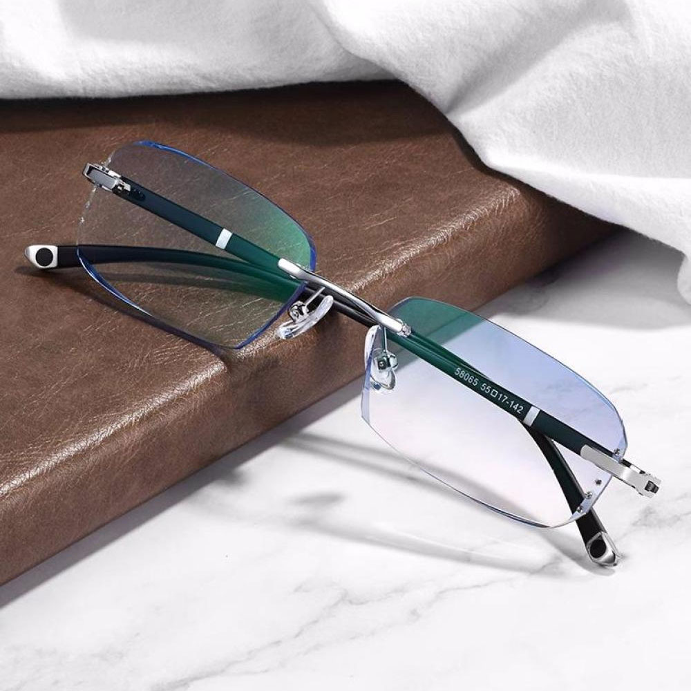 Mens Fashion Blue Light Blocking Rimless Reading Glasses 3.0, Metal Silver Spring Hinge Business Rectangle Blue Lens Sunglasses Readers +3.00