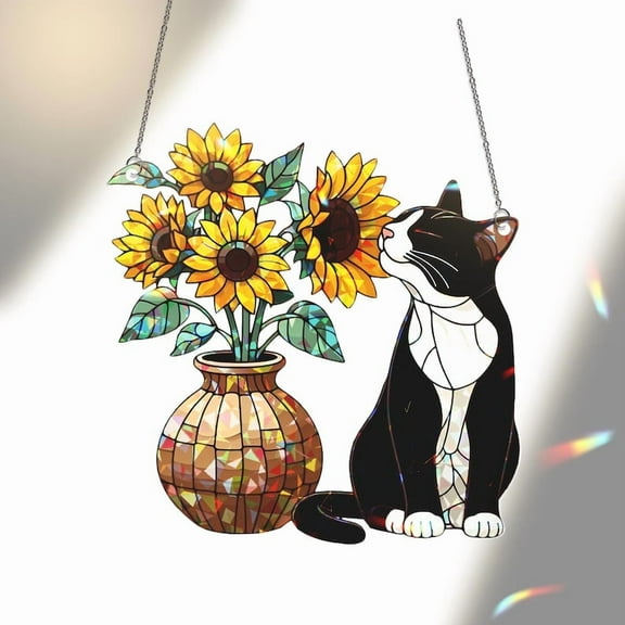 ViciArt Tuxedo Cat & Sunflower Suncatcher, 4" Holographic Acrylic Window Hanging, Floral Cat Decor