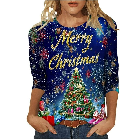 VKOYWKM Womens 3/4 Sleeve T Shirts Christmas Tops Christmas Tree Graphic Tees Casual Crew Neck Fall T-Shirts Christmas Costumes for Women