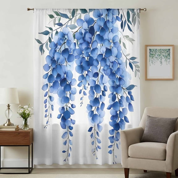 Blue Eucalyptus Leaves Sheer Curtains 63 Inches Long, Spring Botanical Summer Light Filering Curtains, Breathable Simi Curtain Privacy Drapes for Living Room Bedroom Lightweight Window Treatment