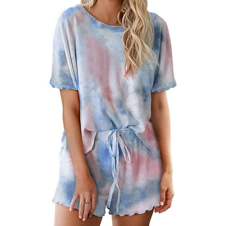 

FSYZX Womens Tie Dye Printed Ruffle Short Lounge Set Short Sleeve Tops and Shorts 2 Piece Pajamas Set Sleepwear