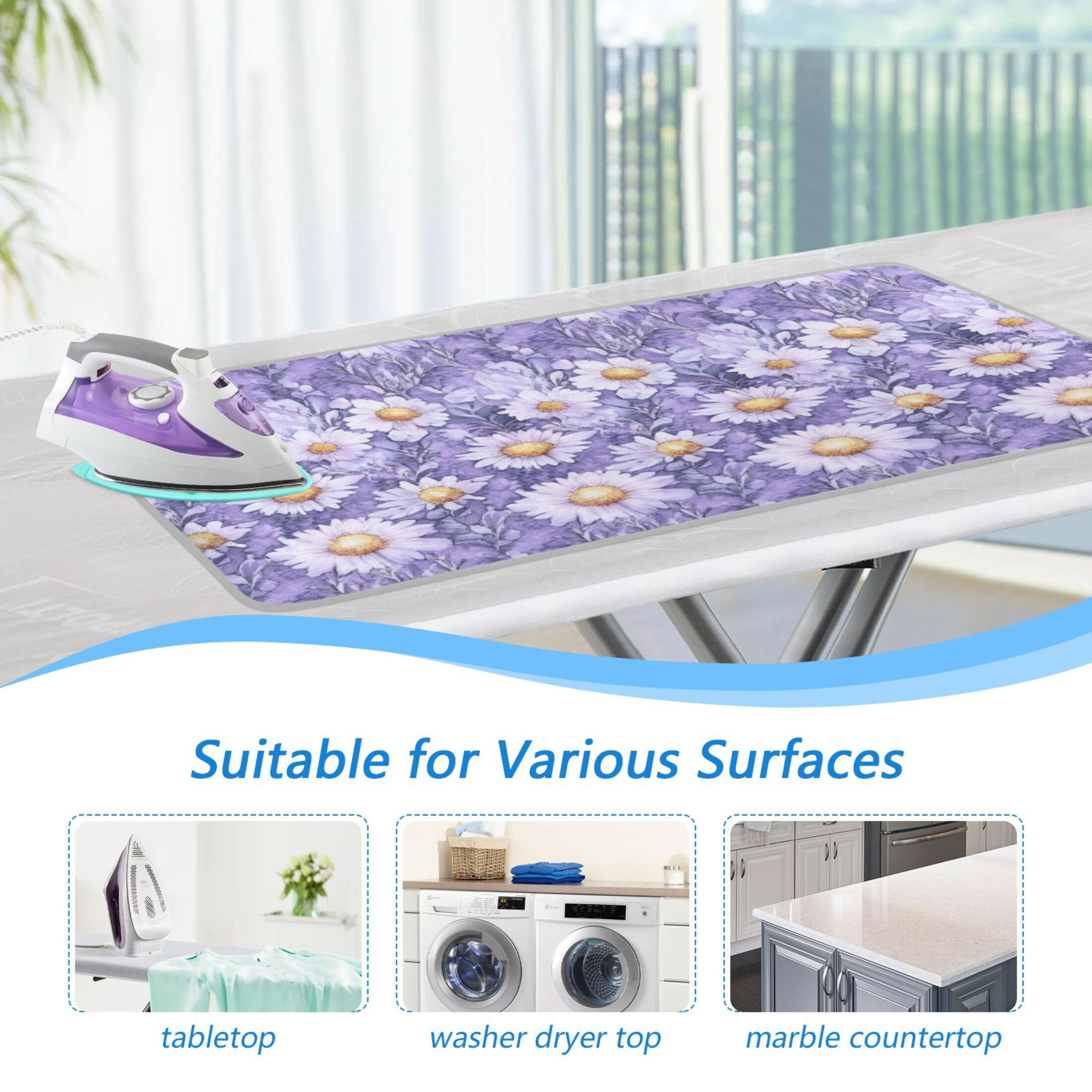 Purple Daisy Pattern Ironing Mat Blanket for Table Top Travel Portable Ironing Board Pad 47.2x27.6 Inch
