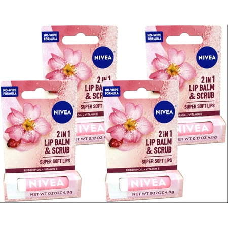 4 Pack - Nivea 2in1 Lip Balm & Scrub Super Soft Lips, Rosehip Oil + Vitamin E, 0.17 oz (4.8 g)