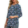 thumbnail image 4 of Women Floral 3/4 Length Sleeve Tops Summer Pleated Crewneck T Shirt Classic Basic Tee Tunic Blouses, 4 of 7