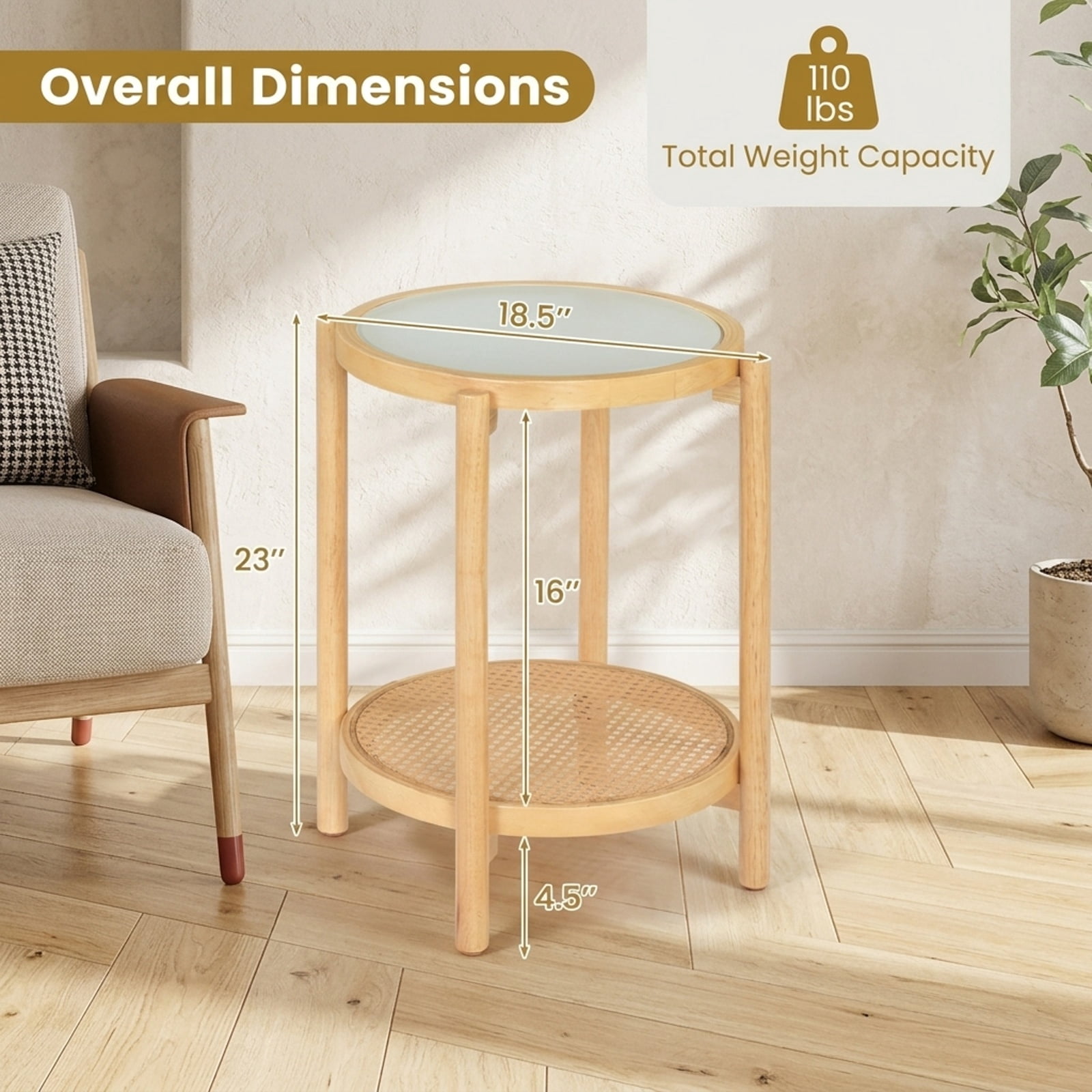 Furnibear Round Side Table 2 Tier Boho End Table with Tempered Glass Top and Woven Rattan Shelf on Acacia Wood Legs for Living Room, Natural