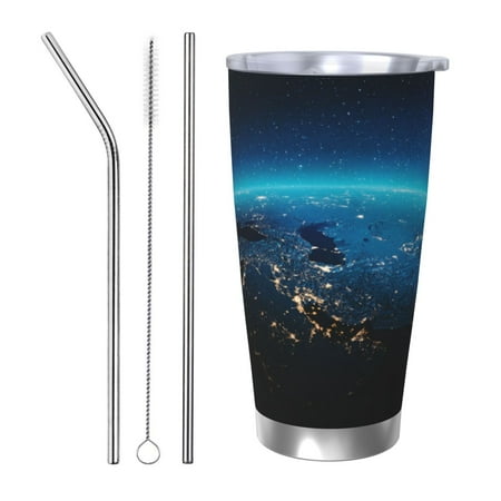 

Cauagu Planet Earth Pattern 20oz Tumbler Stainless Steel Vacuum Insulated Tumbler with Lid Insulated Coffee Mug Thermal Cup with Splash Proof Sliding Lid-Straw Three-piece Set