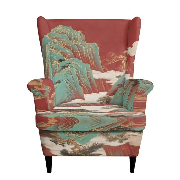 Chririnla Spandex 2 Piece Wingback Chair Slipcover for Living Room, Elastic Bottom Stretch Single-Seat Wingback Armchair Covers, Red Landscape Painting