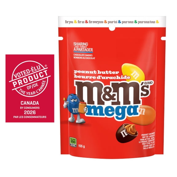 M&M'S, Peanut Butter Mega Milk Chocolate Candies, Sharing Bag, 155 g