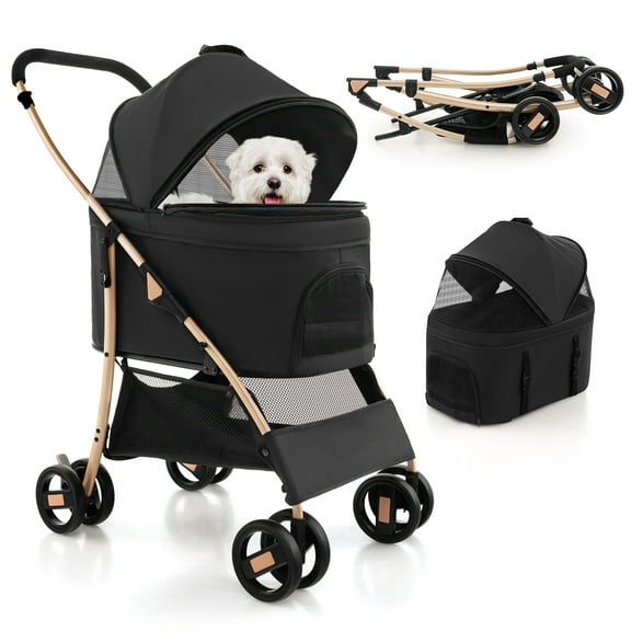 Costway Petsite 3-In-1 Pet Stroller with Removable Car Seat Carrier 4-Level Adjustable Canopy Black & Rose Gold