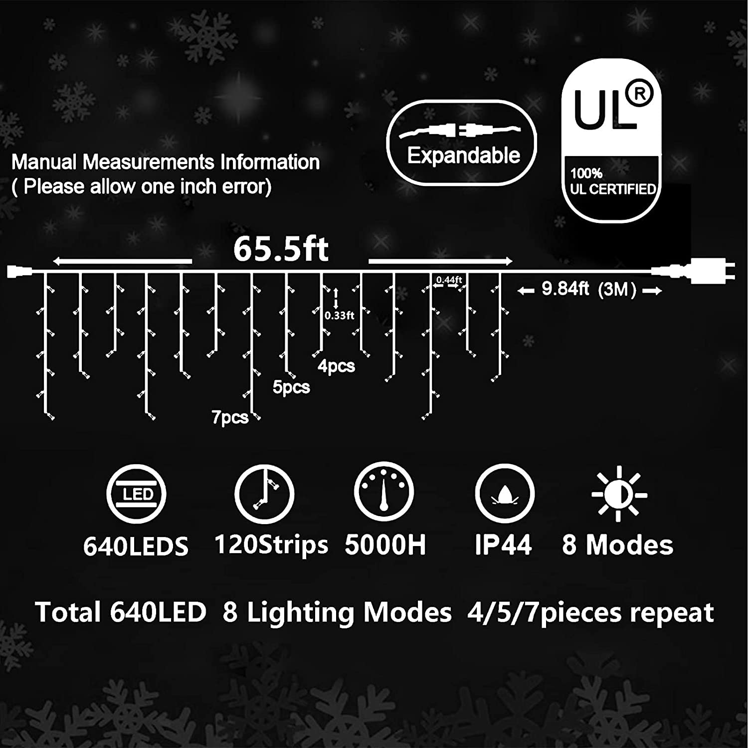 Christmas Lights 640 LED 65 FT Christmas Lights Outdoor with 120 Drops Plug  in Modes Christmas Decorations Curtain Fairy Lights for Wedding Party  Holiday Bedroom Garden Patio Indoor (Cool White)