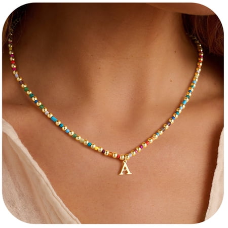 Turandoss Dainty 14K Gold Plated Letter A Colorful Initial Beads Pendent Necklace Jewelry Personalized Birthday Gifts for Women Her Mom Wife Idea