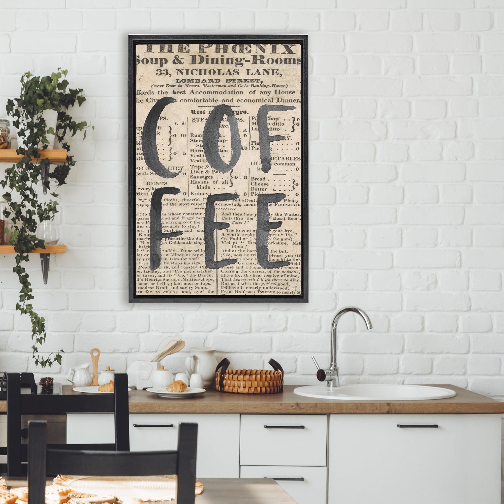 Stupell Industries Vintage Coffee Newspaper Black Framed Floater Canvas Wall Art, design by Lucille Price