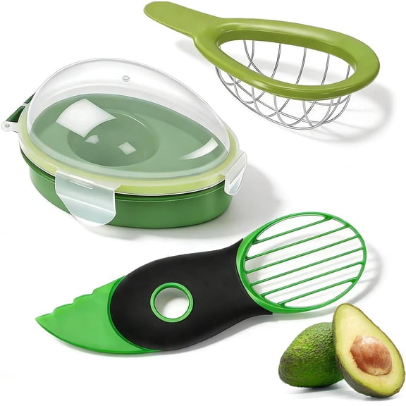 Avocado 3-Piece Kitchen Tool Set with Slicer Cutter & Airtight Storage Container, Dishwasher Safe
