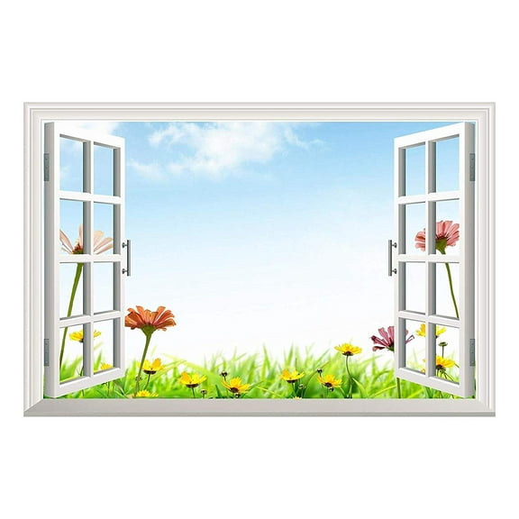 wall26 Daisy Flowers Under Blue Sky Open Window Mural Wall Sticker - 24"x32"