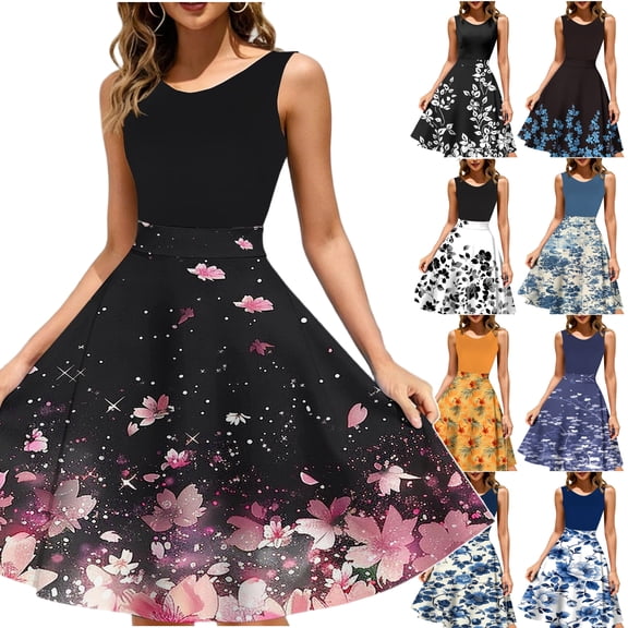 Baikeli Summer Dresses for Women 2026 Trendy Casual Scoop Neck Sleeveless Midi Dress Floral Beach Sundress Sky Blue S