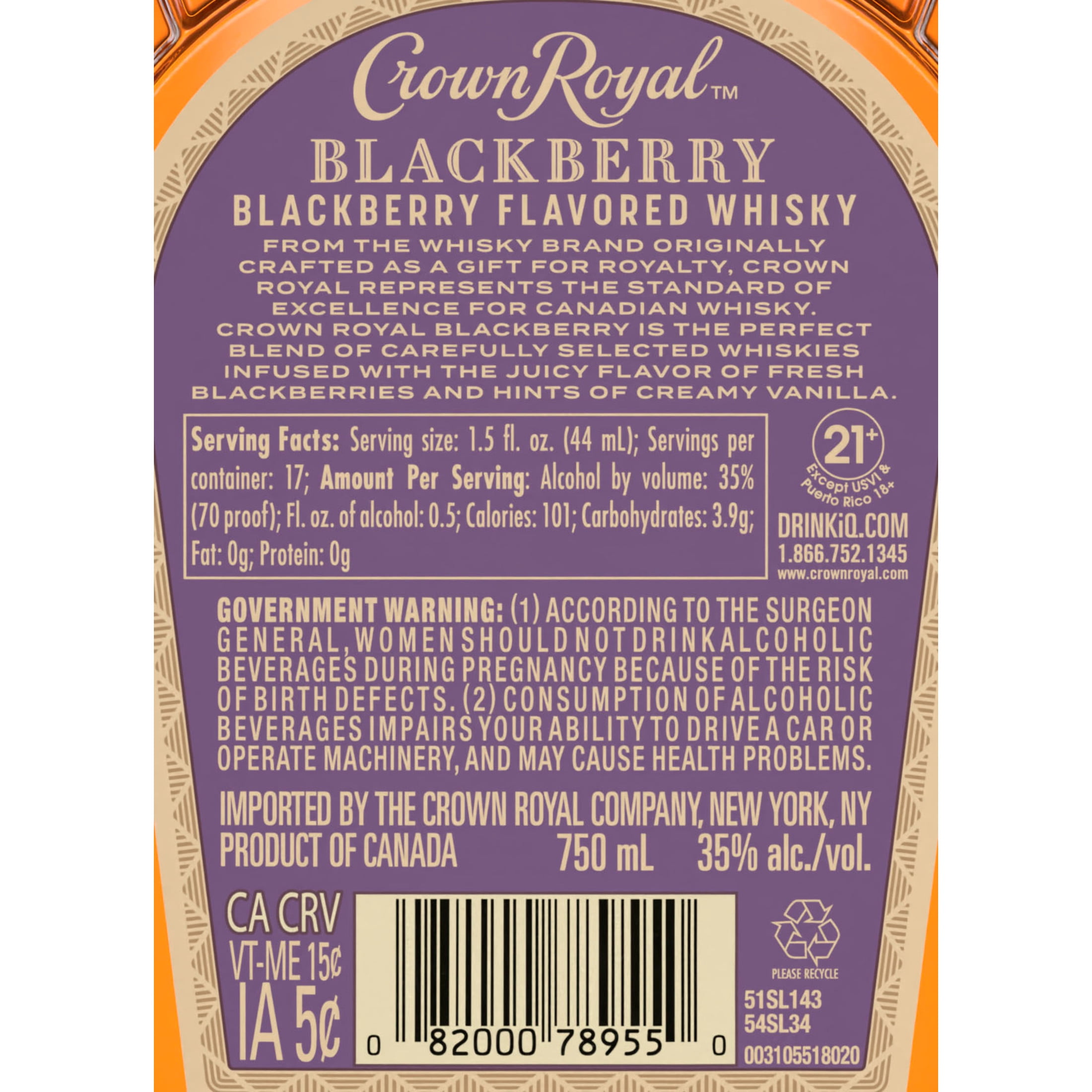 Crown Royal Blackberry Flavored Whisky, 750 ml, 35% ABV