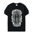 thumbnail image 1 of Women Virgin De Guadalupe Mary Graphic T Shirt Black Crew Neck Short Sleeve Casual Tee With Intricate Floral Religious Art Soft Breathable Fabric, 1 of 7