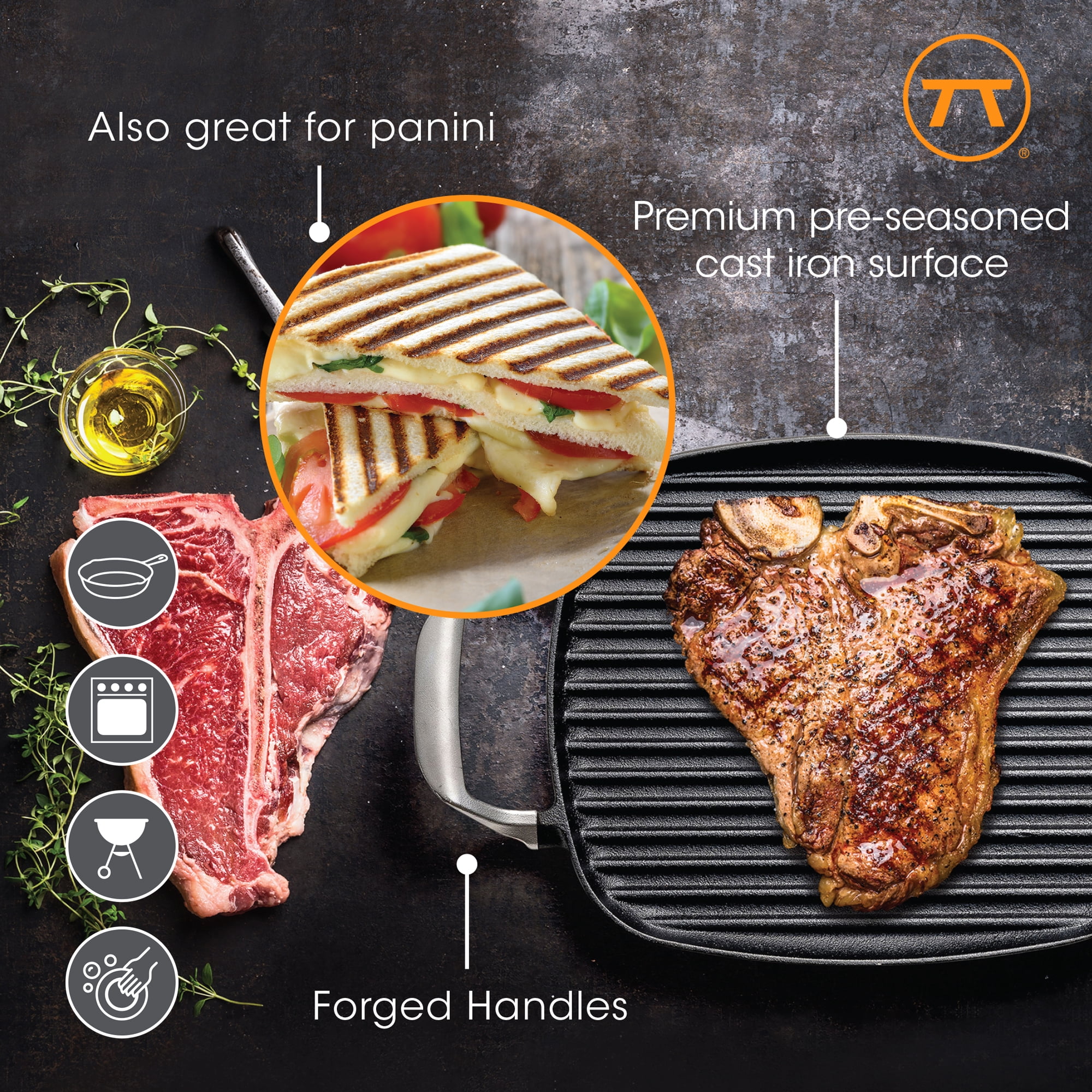Outset Cast Iron Grill Pan With Ridges, 8.5” x 14.25” x 1.5” Pan for BBQ and Stovetop