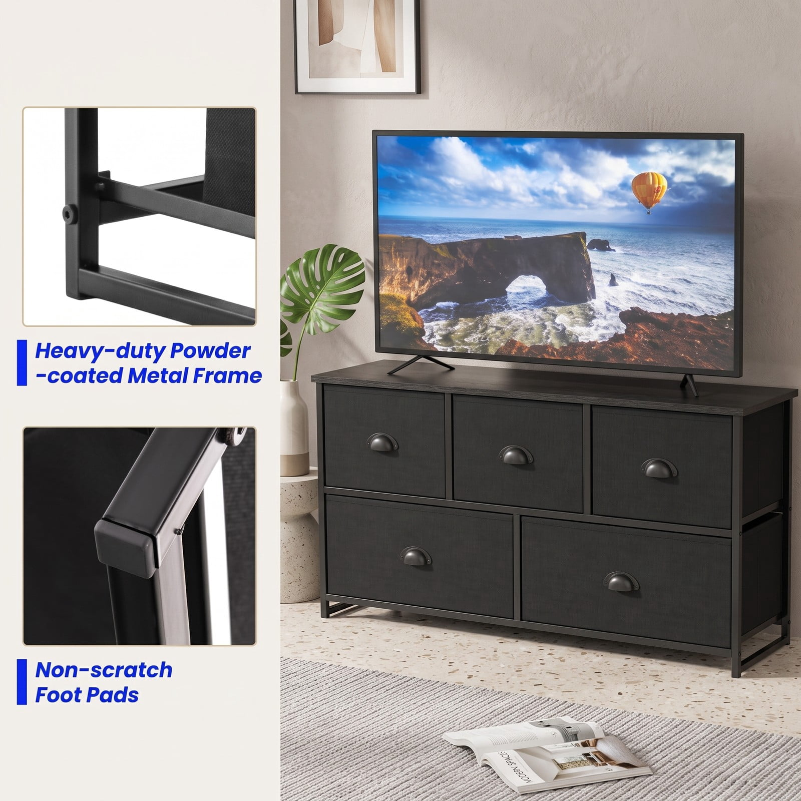 Furnibear 5-Drawer Fabric Storage Tower Dresser with Steel Frame and Foldable Cloth Bins for Bedroom Closet and Nursery, Black