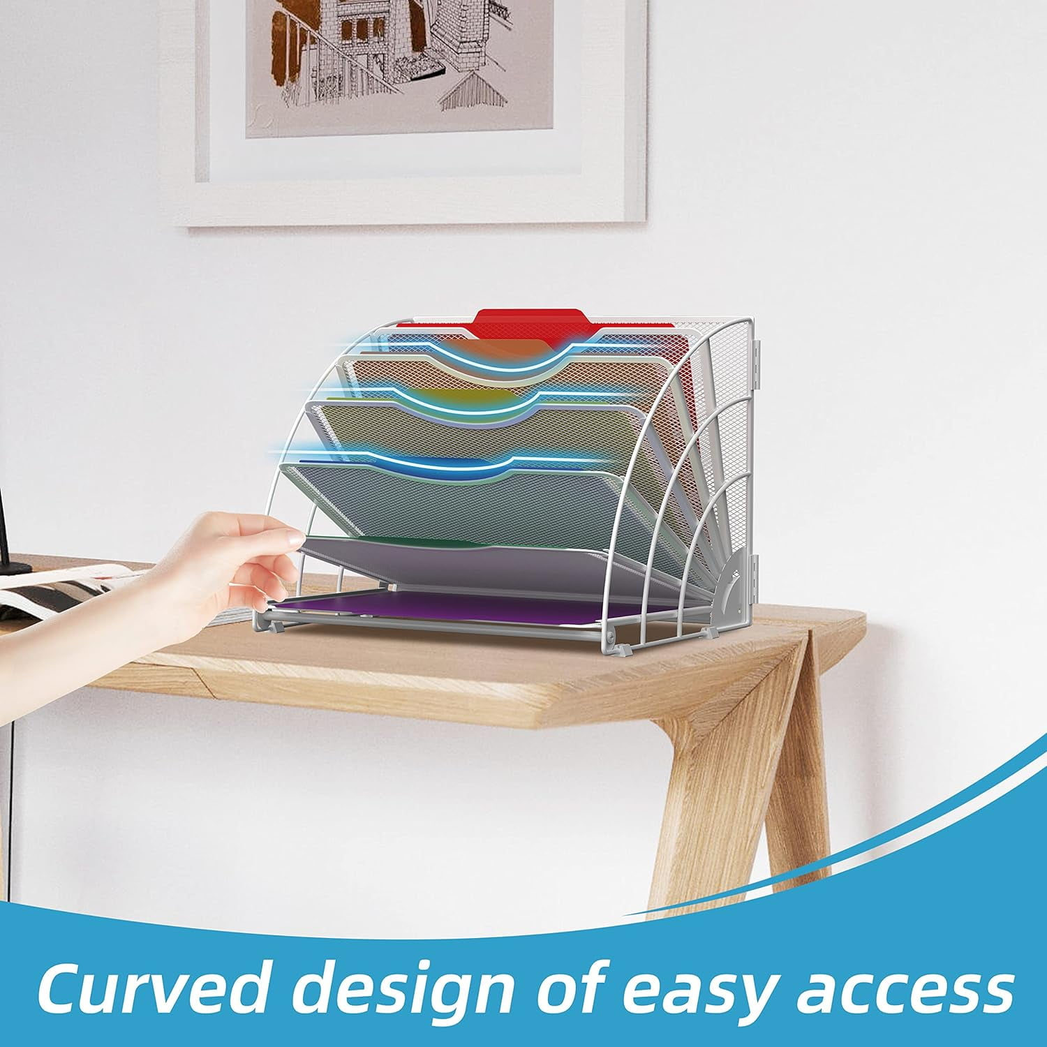INTIGE Fan Shaped Desk File Organizer, 6 Compartments, Desktop Accessories for Workspace,White