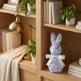 thumbnail image 6 of Porcelain Blue and White Chinoiserie Easter Bunny Figurine 7.5 Inch, Fabric Wrapped Rabbit Decoration with Bowtie, Spring Table Centerpiece, Porcelain Style Farmhouse Shelf Mantel Home Decor, 6 of 6