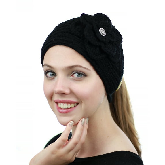 NYFASHION101 Stone Accent Hand Knitted Flower Winter Headband Headwrap - NAG15Y, Black