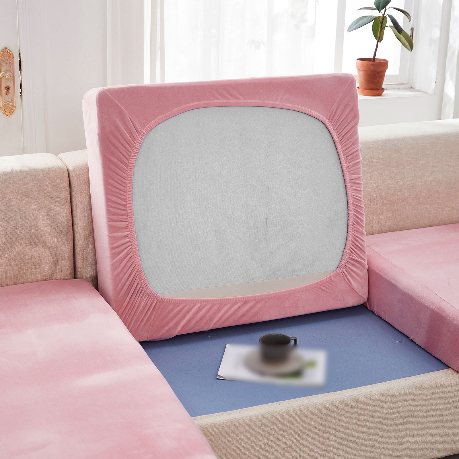 Velvet 1 2 3 Cushion Couch Cushion Cover for L-Shaped Sofa Chaise Longue Sofa Slipcover, Stretch Sofa Cover Non-slip Soft Furniture Protector -Pink-Loveseat