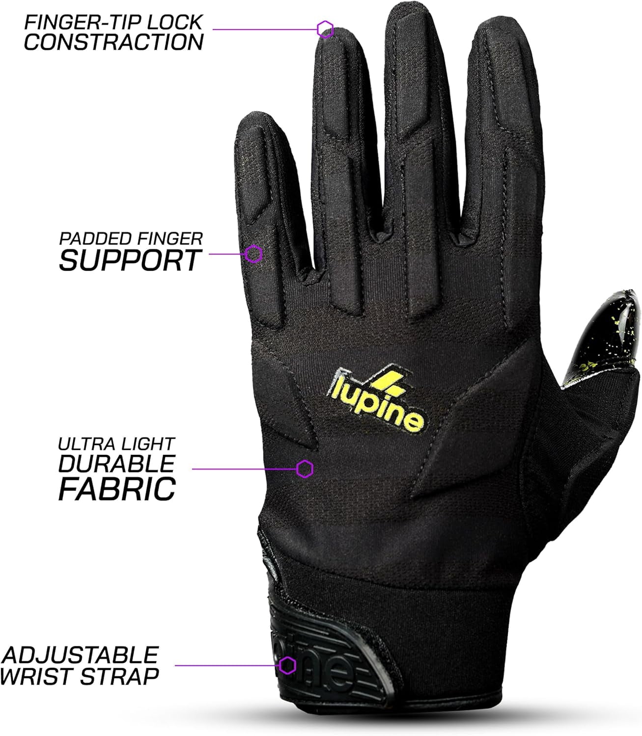 Lupine Rage R2 Youth Football Gloves – Padded Receiver & Lineman, Ultra Sticky Grip, Machine Washable, Boys & Girls, Black Adult Small