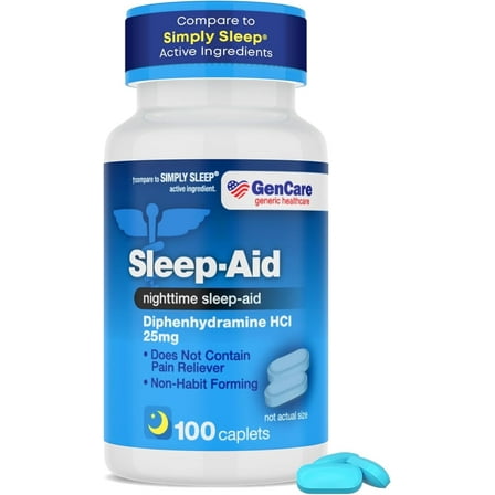 GenCare Sleep Aid Diphenhydramine HCl 25 mg Non Habit Forming Pills, 100 Caplets