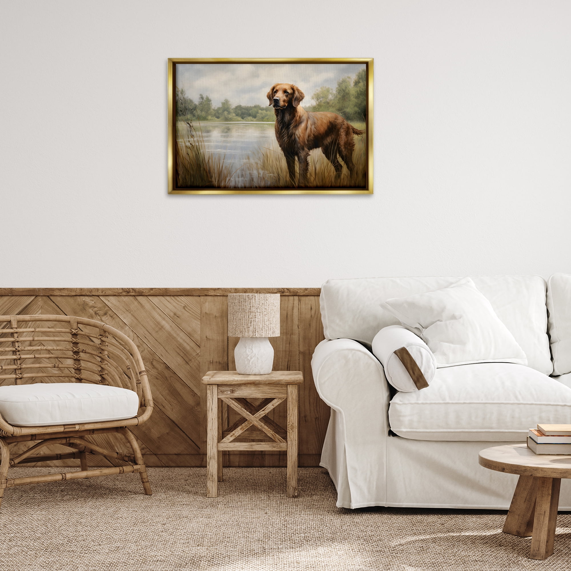 Stupell Industries Retriever Dog & Pond Landscape Painting Gold Floater Framed Canvas Art Print Wall Art, 31 x 21