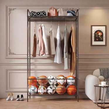 UBesGoo Portable Heavy Duty Double Rod Garment Rack, Adjustable Shelves ...