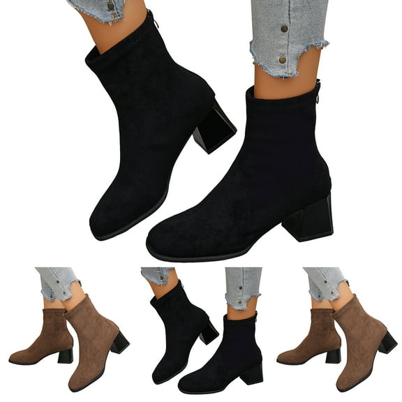 Dakaela Women's Ankle Boots Square Toe Chunky Low Heel Sock Booties Suede Elastic Mid Calf Slip on Dress Shoes Black 6.5